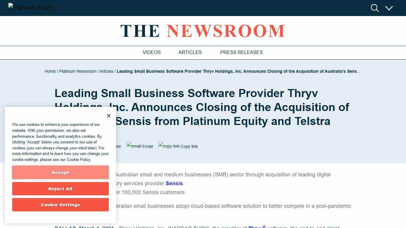Platinum Equity » News » Leading Small Business Software Provider Thryv Holdings, Inc. Announces Closing of the Acquisition of Australia’s Sensis from Platinum Equity and Telstra